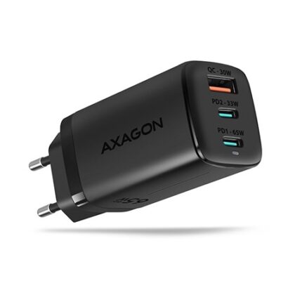 AXAGON ACU-DPQ65, GaN nabíječka do sítě 65W, 3x port (USB-A + dual USB-C), PD3.0/QC4+/PPS/Apple, černá