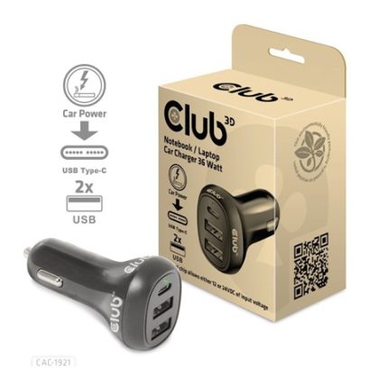Club3D Auto nabíječka pro Notebooky 36W, 3 porty (2xUSB-A + USB-C)