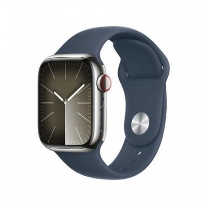 APPLE Watch Series 9 GPS + Cellular 45mm Silver Stainless Steel Case with Storm Blue Sport Band – M/L