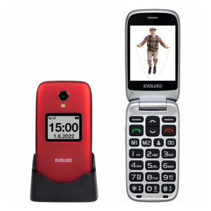 EVOLVEO EasyPhone FS, vyklápěcí mobilní telefon 2.8″ pro seniory s nabíjecím stojánkem (červená barva)