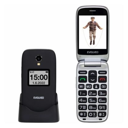 EVOLVEO EasyPhone FS, vyklápěcí mobilní telefon 2.8″ pro seniory s nabíjecím stojánkem (černá barva)