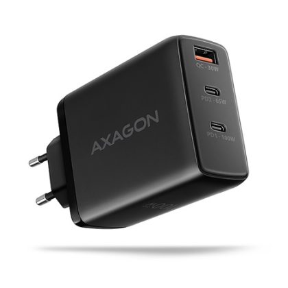 AXAGON ACU-DPQ100, GaN nabíječka do sítě 100W, 3x port (USB-A + dual USB-C), PD3.0/PPS/QC4+/Apple, černá