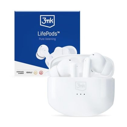3mk bezdrátová stereo sluchátka LifePods, stereo, nabíjecí pouzdro, bílá