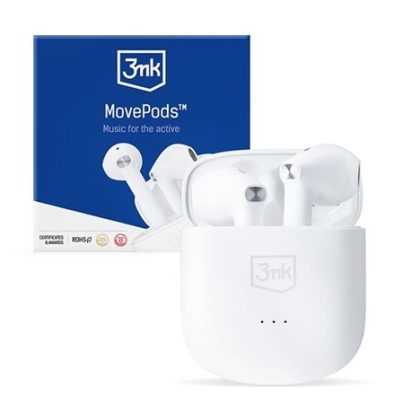 3mk bezdrátová stereo sluchátka MovePods, stereo, nabíjecí pouzdro, bílá