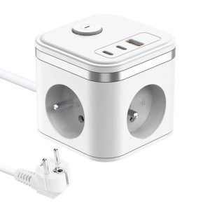 Viking síťový adaptér YC33, 3x 230 V, 1x USB-A, 2x USB-C, tlačítko ON/OFF, délka 1,4 m, bílá