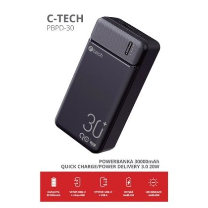C-TECH Powerbanka 30000mAh, Li-Pol, 20W, USB-C/USB-A/micro USB