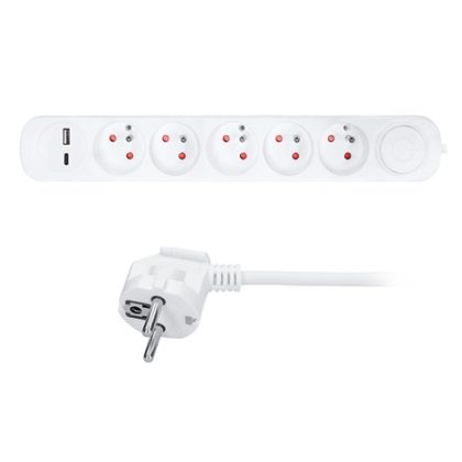 Solight prodlužovací přívod 5 zásuvek, USB A+C nabíječka 12W, 3m, 3 x 1mm2, bílý, vypínač