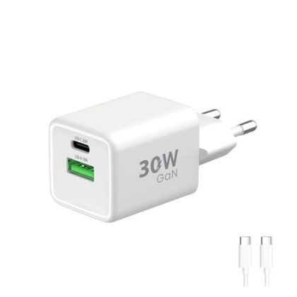 WG – Síťová nabíječka GaN 2x USB 30W, 1x USB-C PD3.0 PPS QC4 30W + USB-A 18W, kabel Type-C na Type-C, bílá