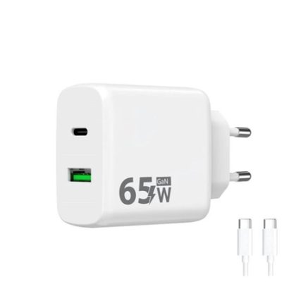 WG – Síťová nabíječka GaN 2x USB 65W, 1x USB-C PD 65W + 1x USB-A QC 3.0 18W, kabel Type-C na Type-C, bílá