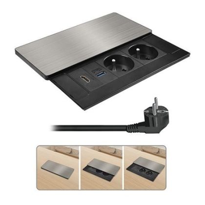 Solight vestavný blok zásuvek s posuvným krytem, 2 zásuvky, HDMI, USB A+C 20W PD, 2m, stříbrný